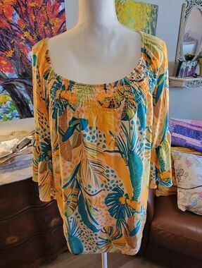 Cato Yellow Teal Tropical Smocked Neck Tunic